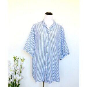 NEW! BEACH LUNCH LOUNGE Striped Button Front Shirt Linen Blend Blue SZ L